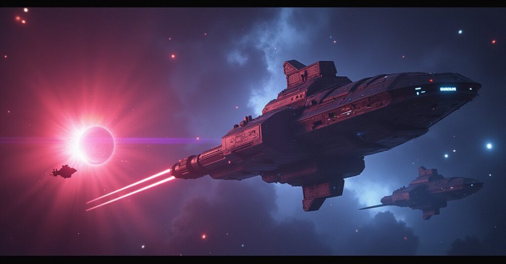 A starship breaking past guard ships into a neon-lit station cluster in Star Trek Fleet Command