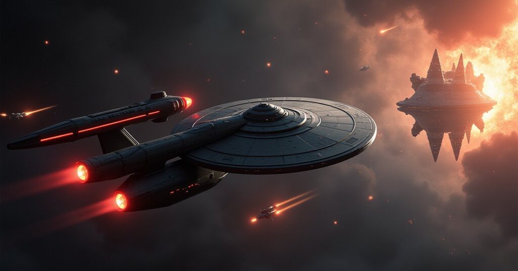 The Enterprise and a starship defending a starbase from a cult fleet in Star Trek Fleet Command