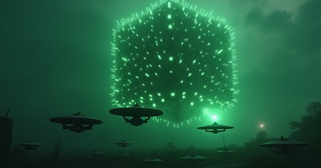 Federation, Romulan and Klingon ships gathering as a huge Borg cube looms in Star Trek Fleet Command