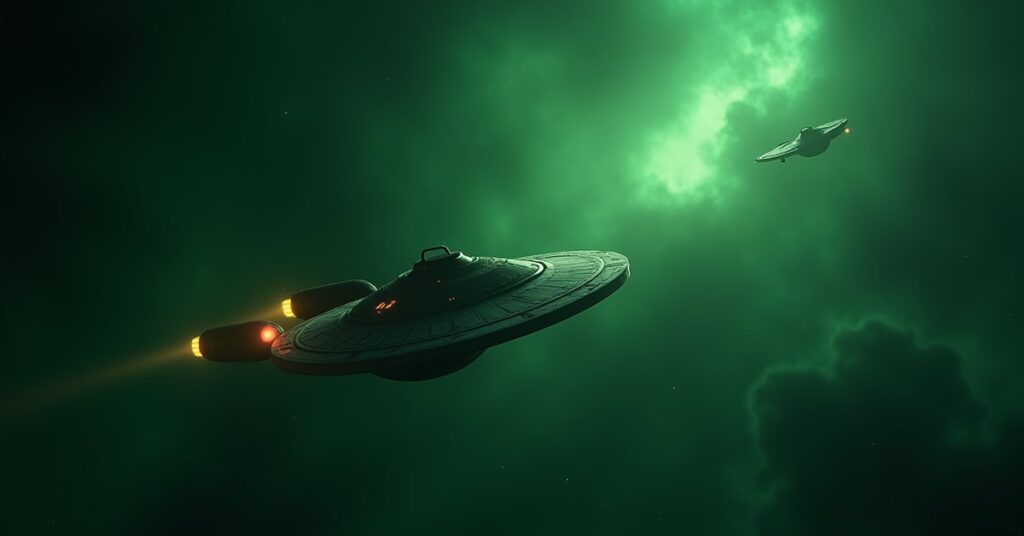 A small starship slipping across the border into Romulan space in Star Trek Fleet Command