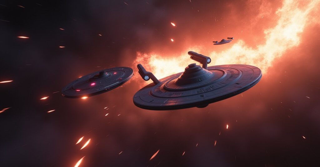 Voyager and a Federation starship race through an ion storm as a Krenim time ship distorts space behind them