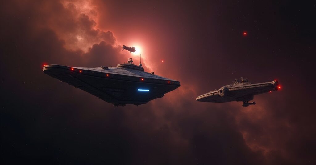 A Starfleet ship confronting a battered starship as a smuggler vessel escapes in Star Trek Fleet Command