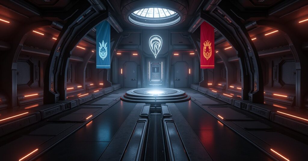 A space station lit in three faction colors with a glowing emblem at its center in Star Trek Fleet Command