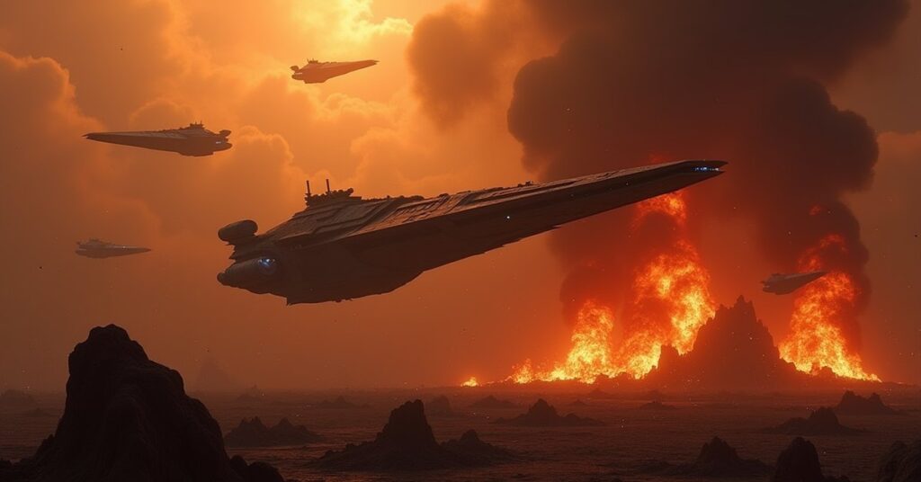 A Klingon warship among the burning wrecks of a destroyed fleet as enemy ships turn to attack in Star Trek Fleet Command