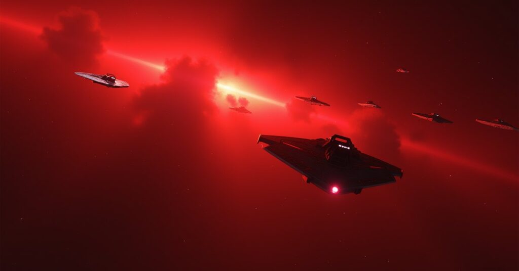 A starship chasing a small fugitive vessel across the Klingon border as Klingon warships close in