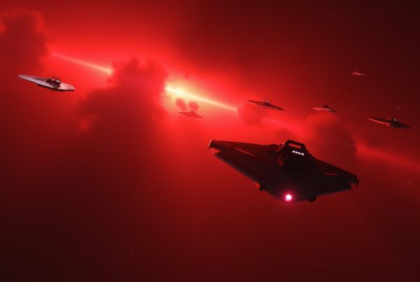 A starship chasing a small fugitive vessel across the Klingon border as Klingon warships close in