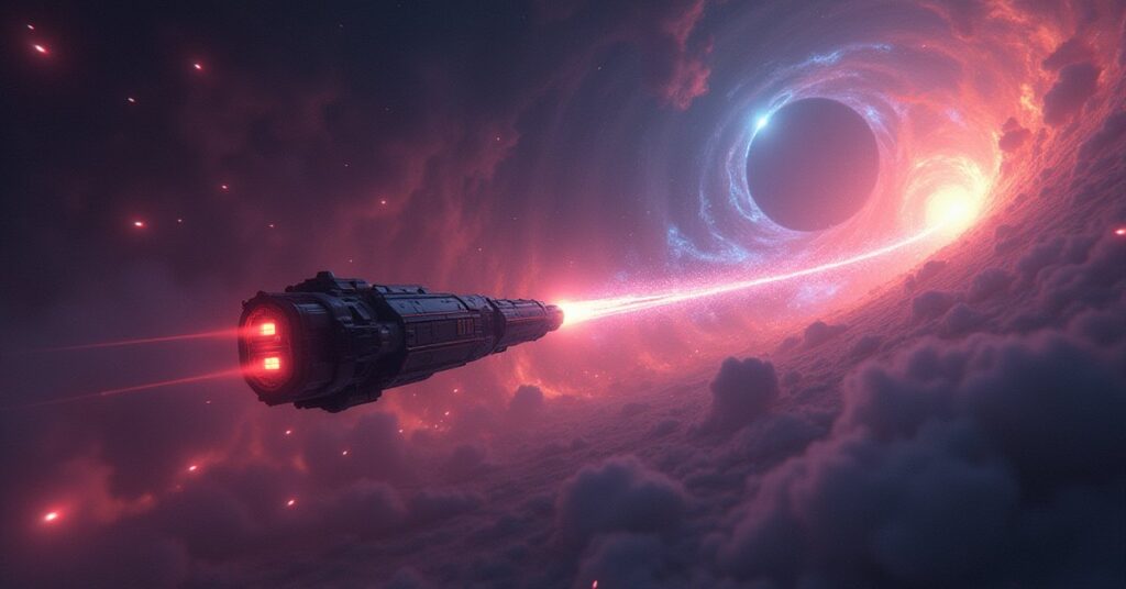 A starship probing a chain of glowing ancient relays in a swirling nebula in Star Trek Fleet Command