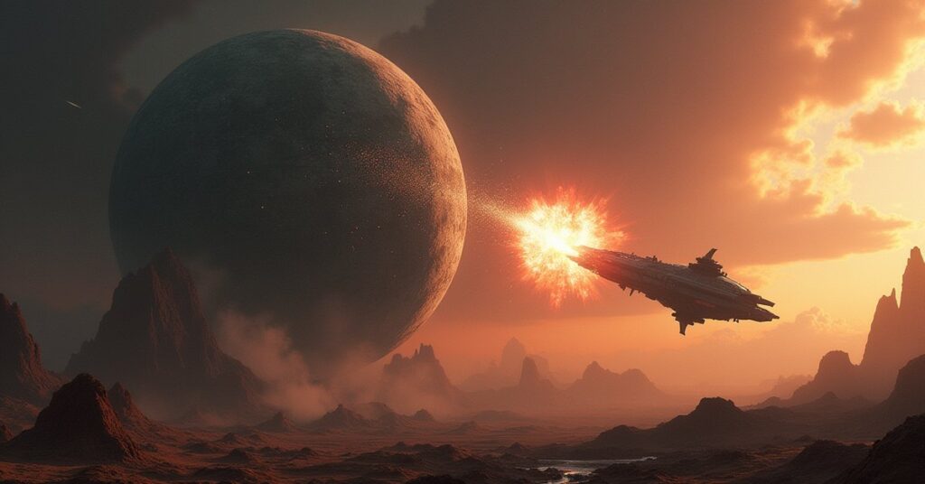 A Borg sphere bears down on a small colony world as a starship opens fire