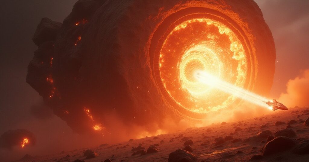 A starship racing away from an alien engine erupting in a chain reaction inside an asteroid in Star Trek Fleet Command