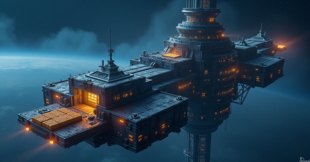 An orbital station command tower being upgraded, with refined resource containers on its docks, in Star Trek Fleet Command