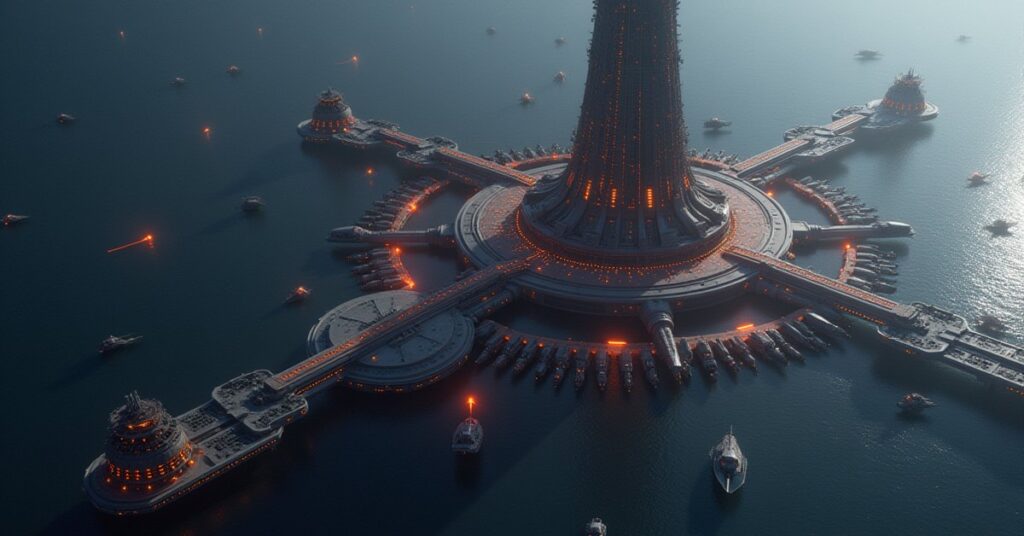 A huge upgraded starbase command tower surrounded by docked ships in Star Trek Fleet Command