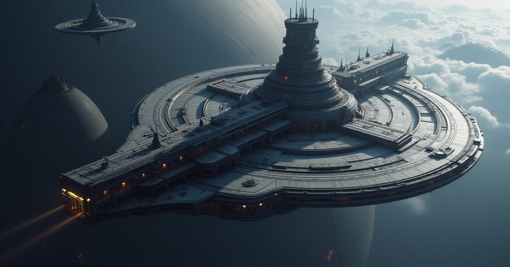 A huge fortified space station with a command spire above a gas giant in Star Trek Fleet Command