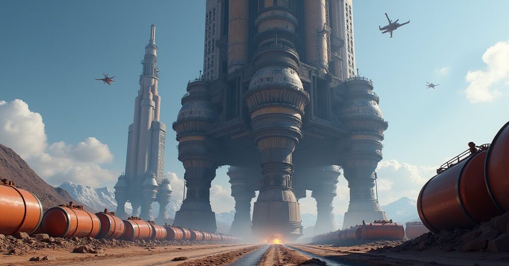 A space station operations tower upgrading beside stacks of refined resource containers