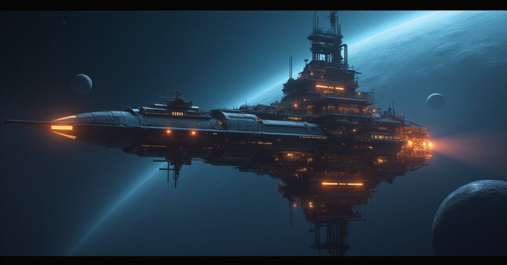 A starbase command tower under upgrade with construction drones in Star Trek Fleet Command