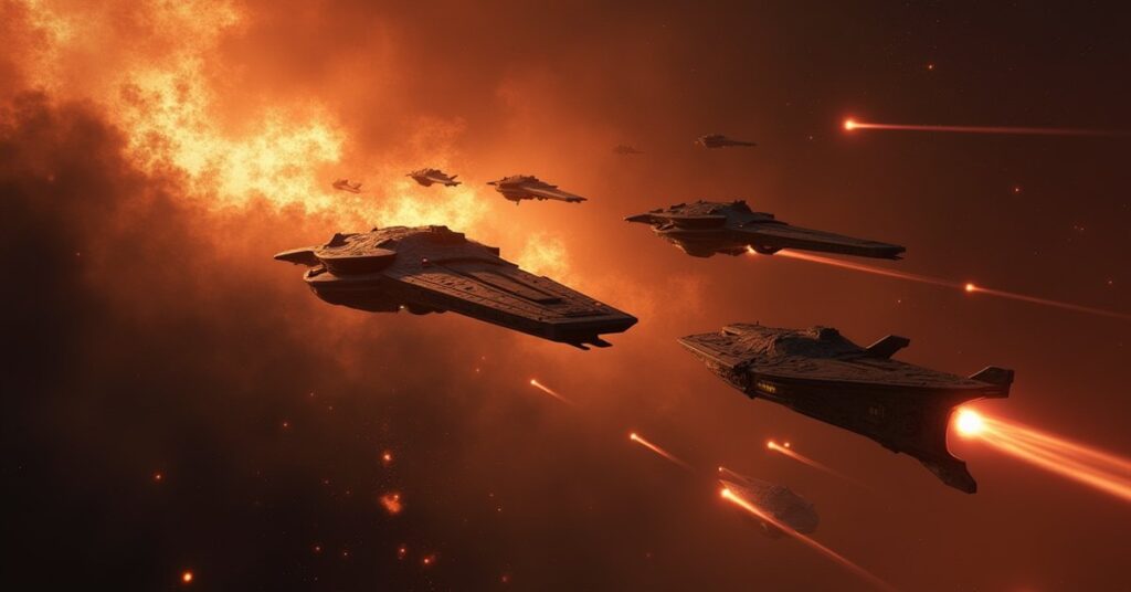 A Klingon strike force leading an assault against invading Gorn warships in Star Trek Fleet Command