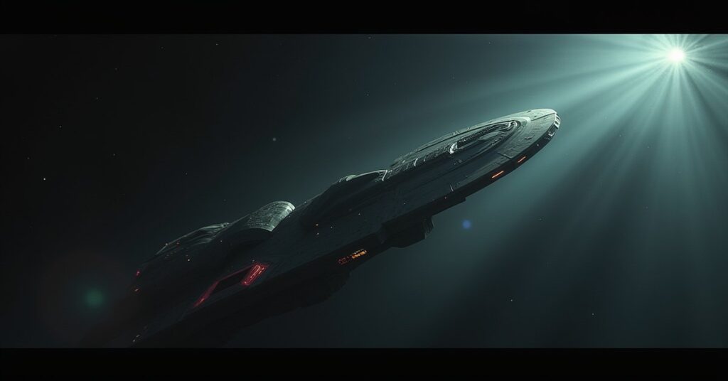 A ship secretly shadows a Romulan senator's escorted warbird through a nebula in Star Trek Fleet Command