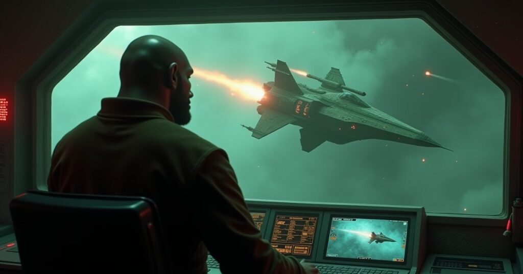 A Klingon captain faces a Romulan warbird on the viewscreen inside a misty nebula in Star Trek Fleet Command