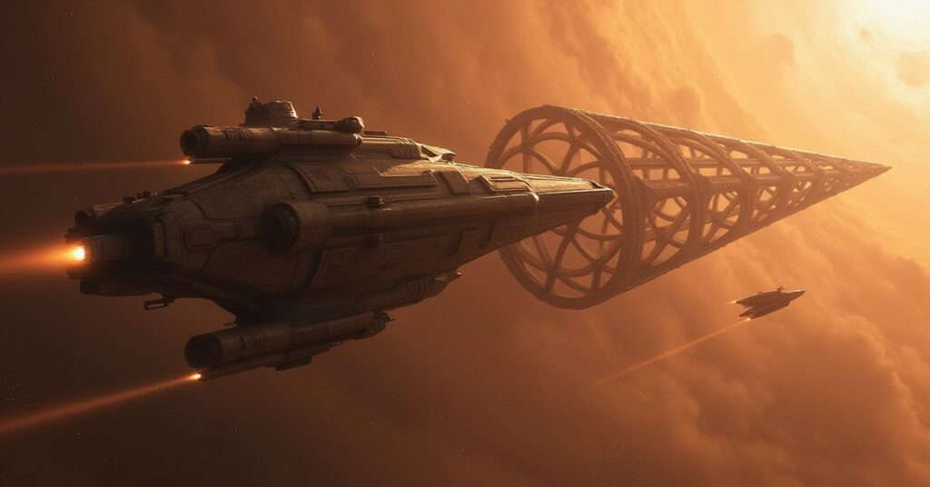 A starship scanning a strange alien structure in a dusty star system in Star Trek Fleet Command