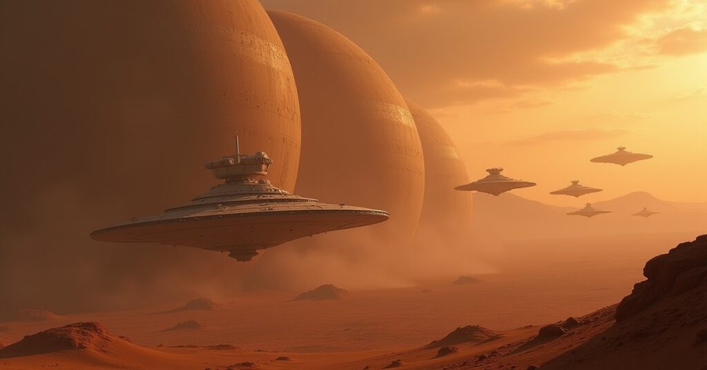 A Vulcan fleet gathered over a desert planet as a starship approaches a rogue cruiser in Star Trek Fleet Command