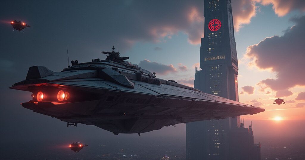 A starship next to an orbital bank tower as guard ships scramble in Star Trek Fleet Command