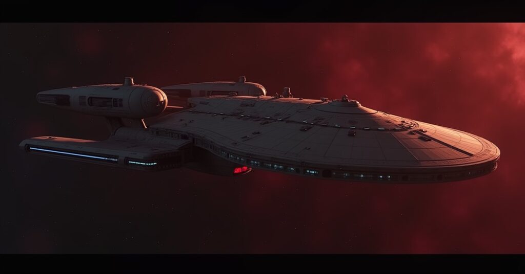 A starship attacking a prison vessel to free a captive Romulan in Star Trek Fleet Command