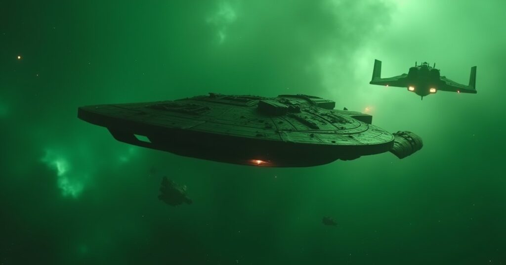 A Vulcan ship under attack by a Romulan warbird as a rescue ship arrives in Star Trek Fleet Command