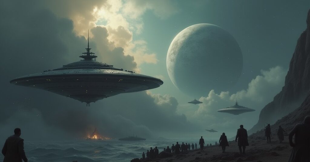 A Klingon rebel fleet above a stormy planet as a warship arrives to negotiate in Star Trek Fleet Command