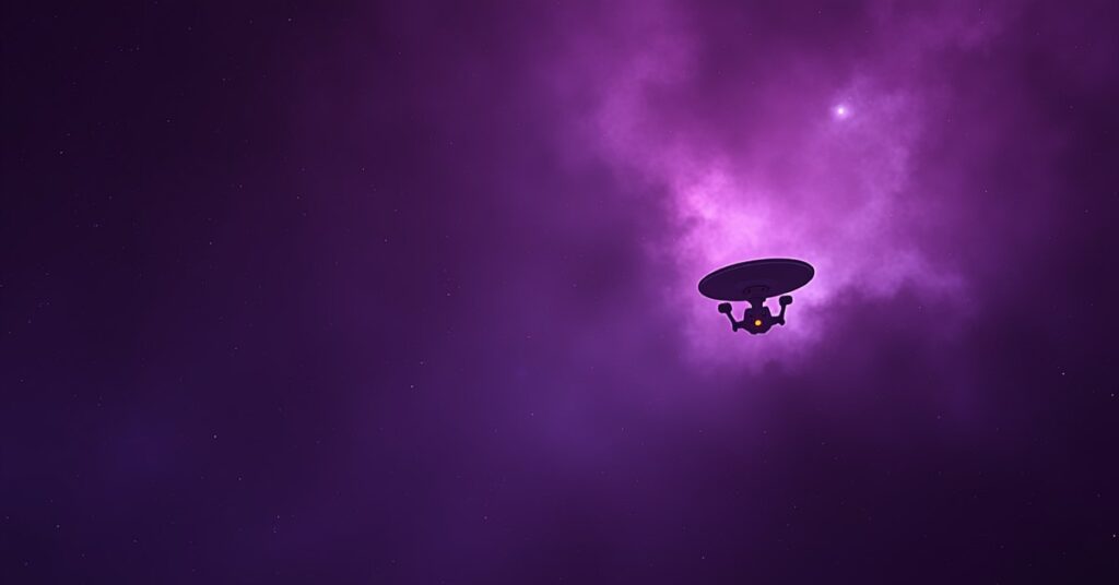 A starship meeting a Starfleet vessel in front of a violet nebula in Star Trek Fleet Command