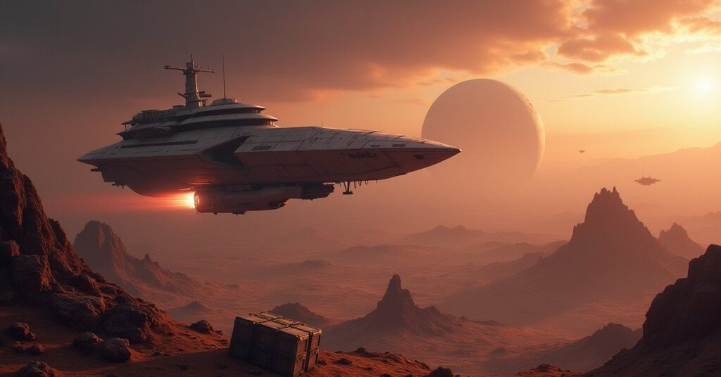 A starship carrying recovered supply crates away from a small colony world in Star Trek Fleet Command