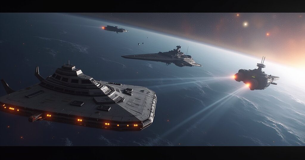 A starship defending a colony from two attacking ships in Star Trek Fleet Command