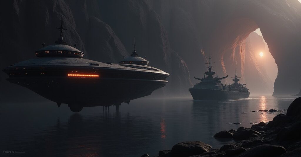 A Klingon warship ambushing a Federation repair vessel near a hidden asteroid base in Star Trek Fleet Command