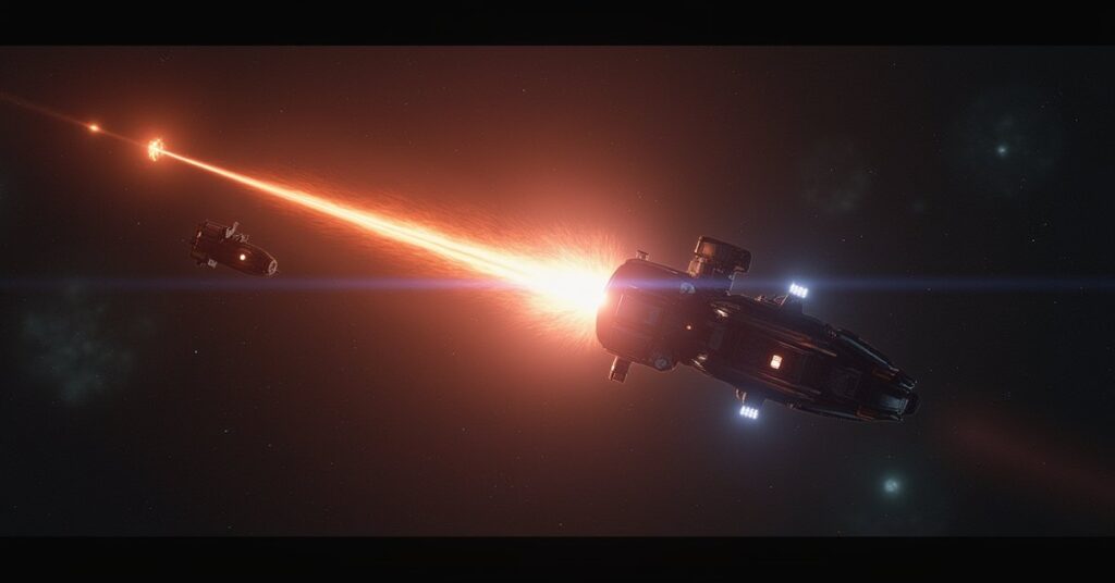 An Independent starship trading with a Suliban vessel as a device beams between them in Star Trek Fleet Command