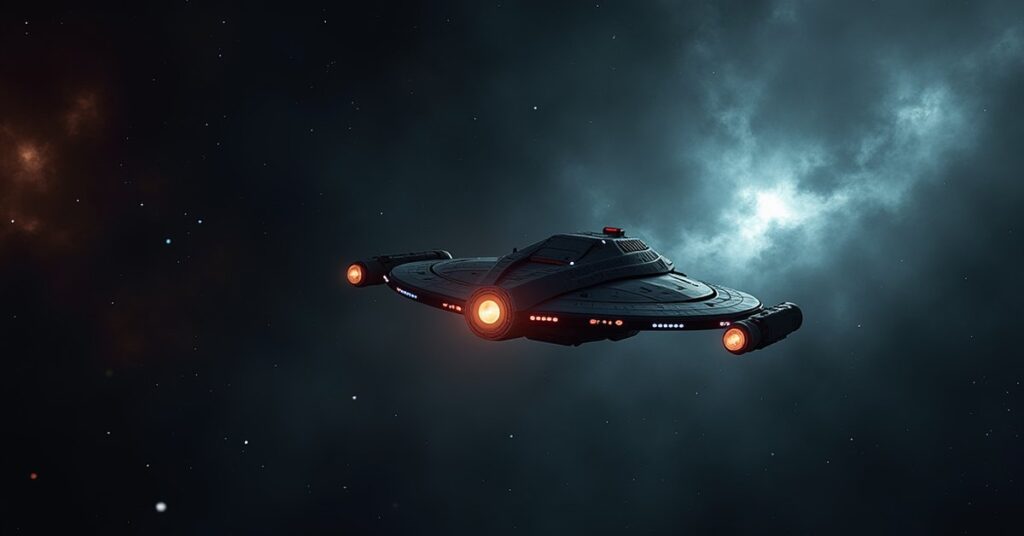 A starship approaching a hidden research station in Klingon space in Star Trek Fleet Command