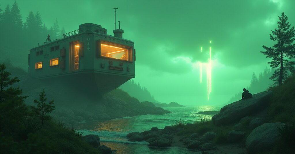 A research station flickers in a power outage beside a shipwreck firing a beam skyward, Star Trek Fleet Command