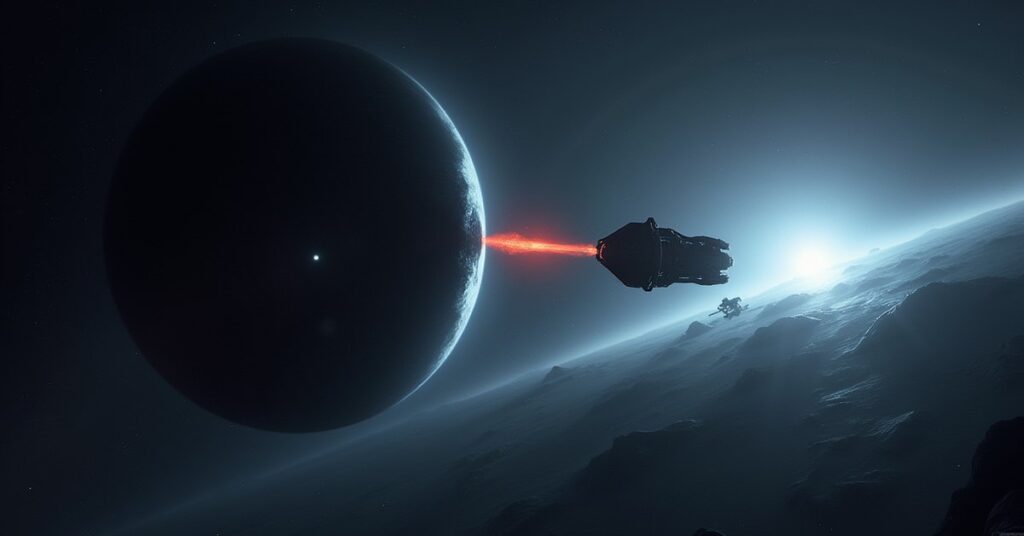 A starship tractor beam pulling an escape pod away from a black hole near a research station