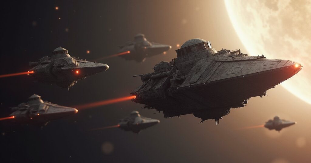 A starship chasing Boslic slaver freighters past a pale gas giant in Star Trek Fleet Command