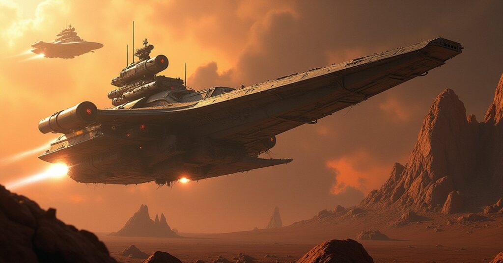A starship protecting a small shuttle from a privateer warship in Star Trek Fleet Command