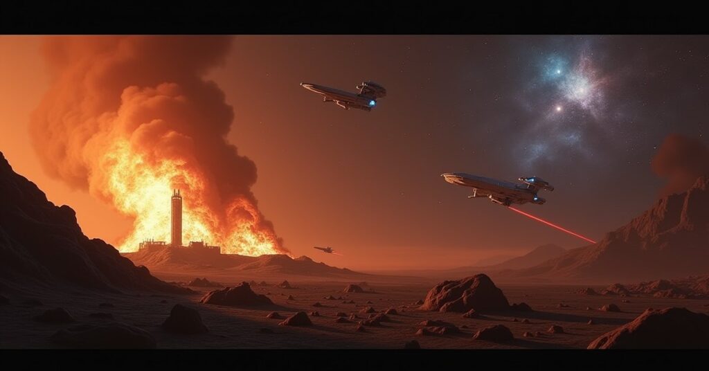 A burning Federation outpost with a Romulan warbird retreating and a starship in pursuit in Star Trek Fleet Command