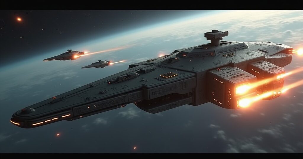 An Augment ship fleeing a Starfleet starbase with pursuit ships behind in Star Trek Fleet Command