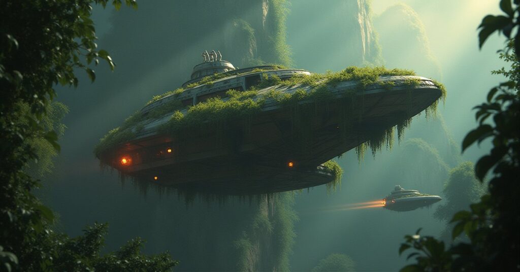 A starship covered in glowing alien spores near a jungle planet in Star Trek Fleet Command