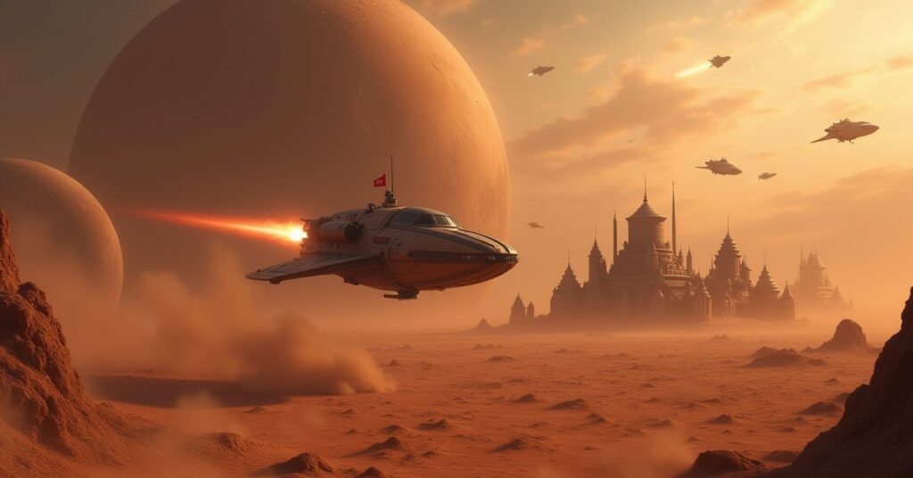 A starship fighting off pirate raiders near a colony outpost in Star Trek Fleet Command