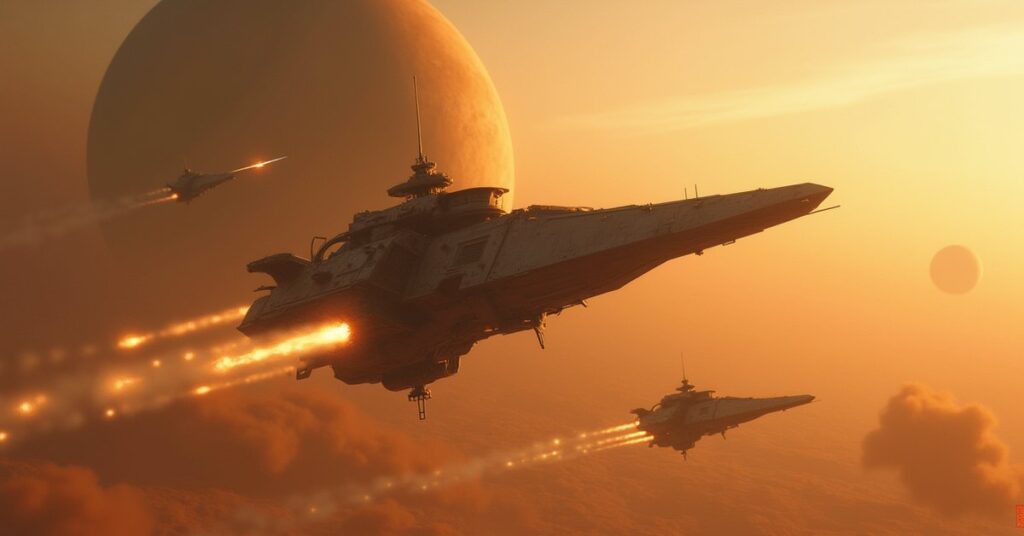 A starship scattering a Nausicaan raider fleet near a brown planet in Star Trek Fleet Command
