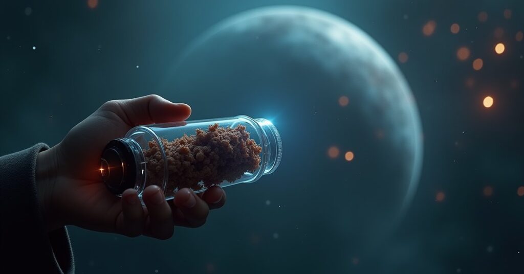 A Federation starship holding a glowing sample canister above a Romulan colony world in Star Trek Fleet Command