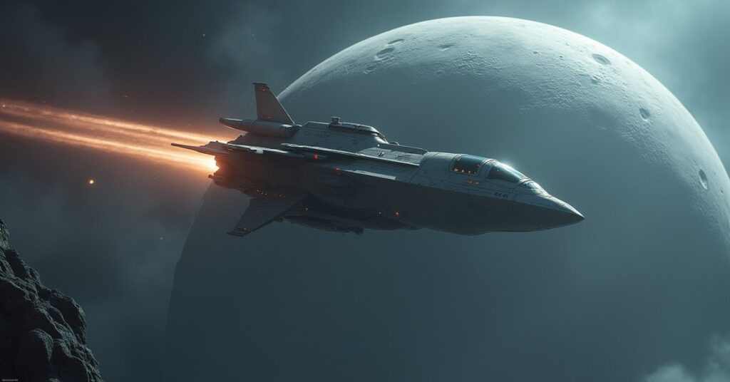 An automated warship launches from a moon toward a starship in Star Trek Fleet Command