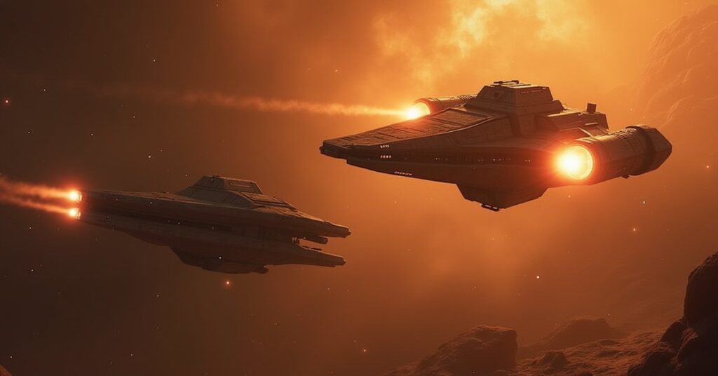A Klingon ship and a trader vessel facing off as a weapons deal falls apart in Star Trek Fleet Command