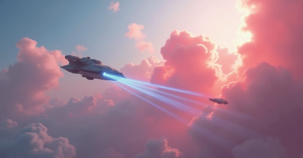 Two starships scanning a swirling gas dwarf planet in Star Trek Fleet Command