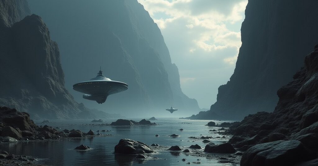 A Starfleet ship guarding a remote rocky world as a Corvallen hunter ship approaches through debris