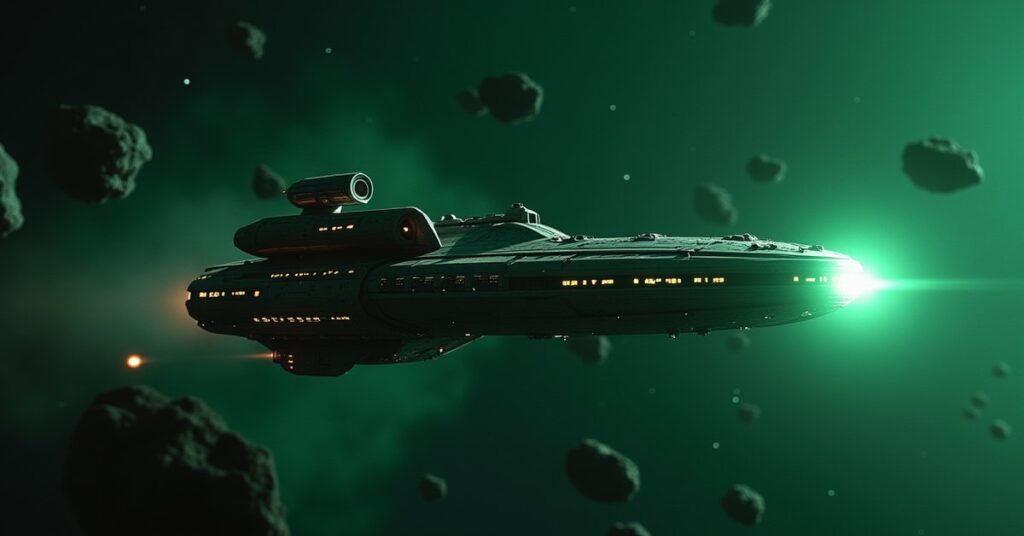 A Federation starship escaping a pursuing Borg vessel with a rescued ship in Star Trek Fleet Command