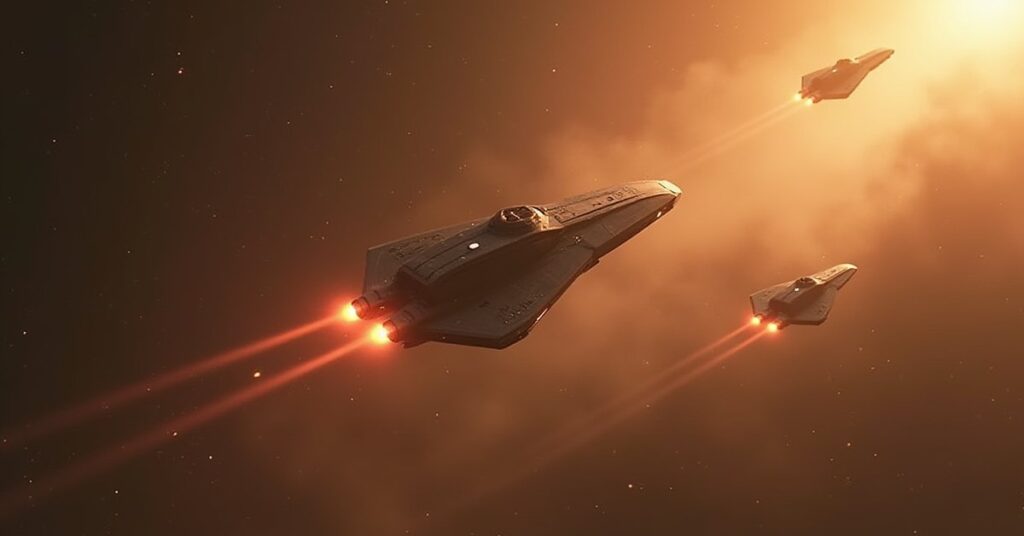 A small starship chasing two fugitive ships through a dusty star system in Star Trek Fleet Command