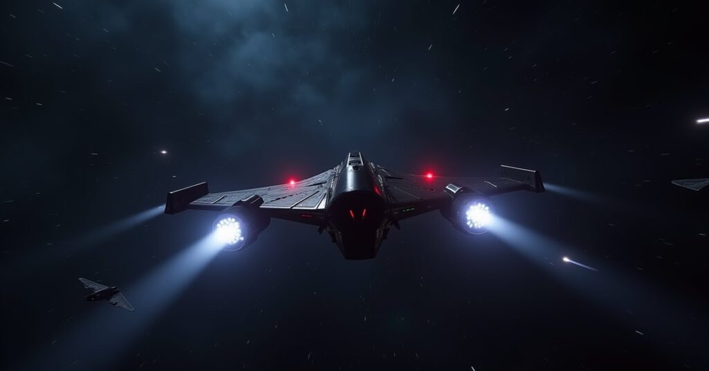 A Romulan warbird intercepting data transmissions in a nebula in Star Trek Fleet Command
